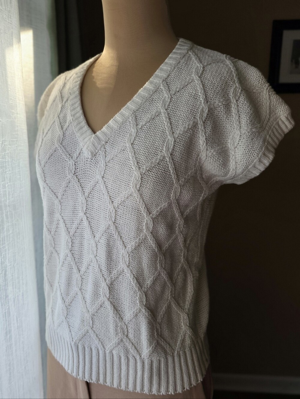 Knit Sweater Vintage Country Suburbans Ramie Cotton  Cream V-Neck Medium Old Mon - Picture 2 of 10